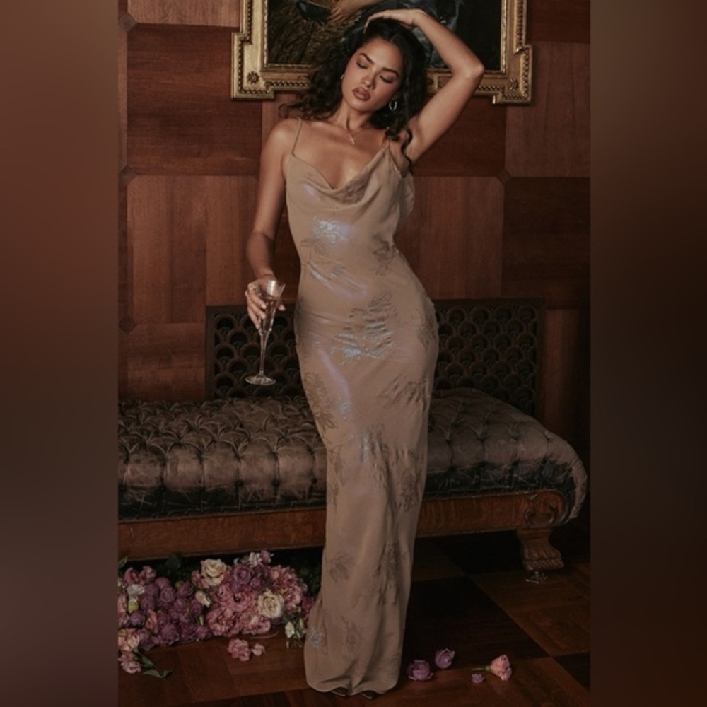 House of CB Gabrielle Iridescent Cafe Au Lait Maxi Dress